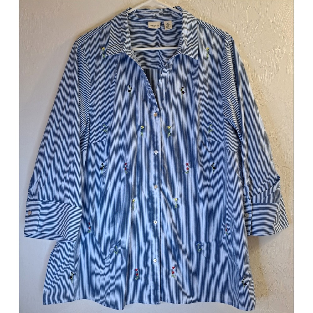 Westbound Woman 2x Blue Wht Stripe Floral Button Back & Front FLAW Spring Casual